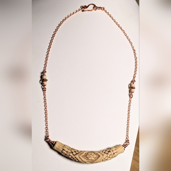 Artisan Jewelry - Vintage Embossed Ceramic Bar Necklace Artisan Crafted Jewelry Pure Copper Chain